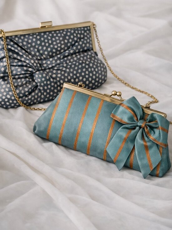Vintage Handbags - Vintage 90s Satin Polka Dot & Striped Clutch Set Blue Teal Copper Evening Bags